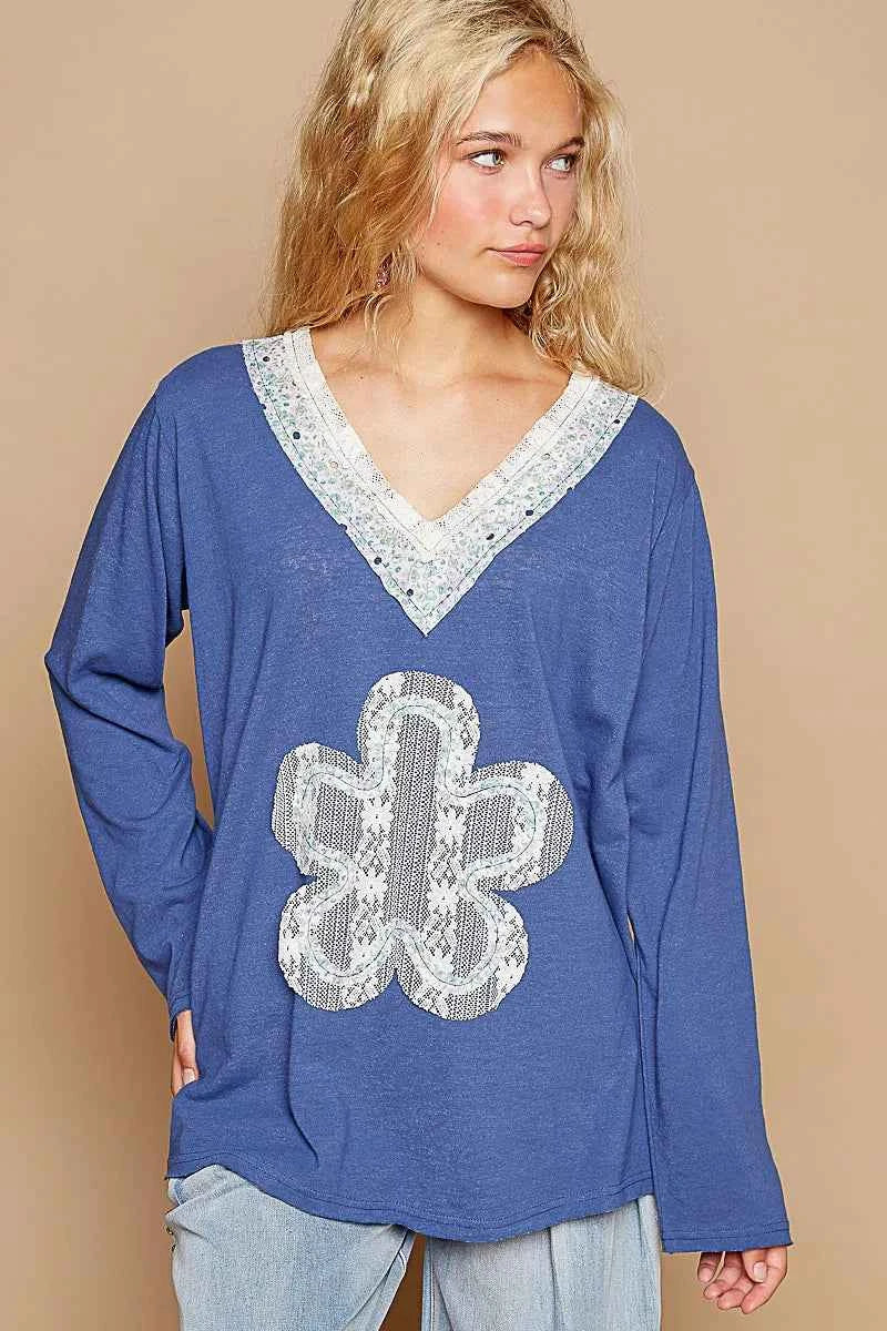 POL Lace Flower Patch Long Sleeve T-Shirt Royal Blue 9a428532-c9b5-4fbb-87ef-a1ce87d5c5fc-Max-Origin