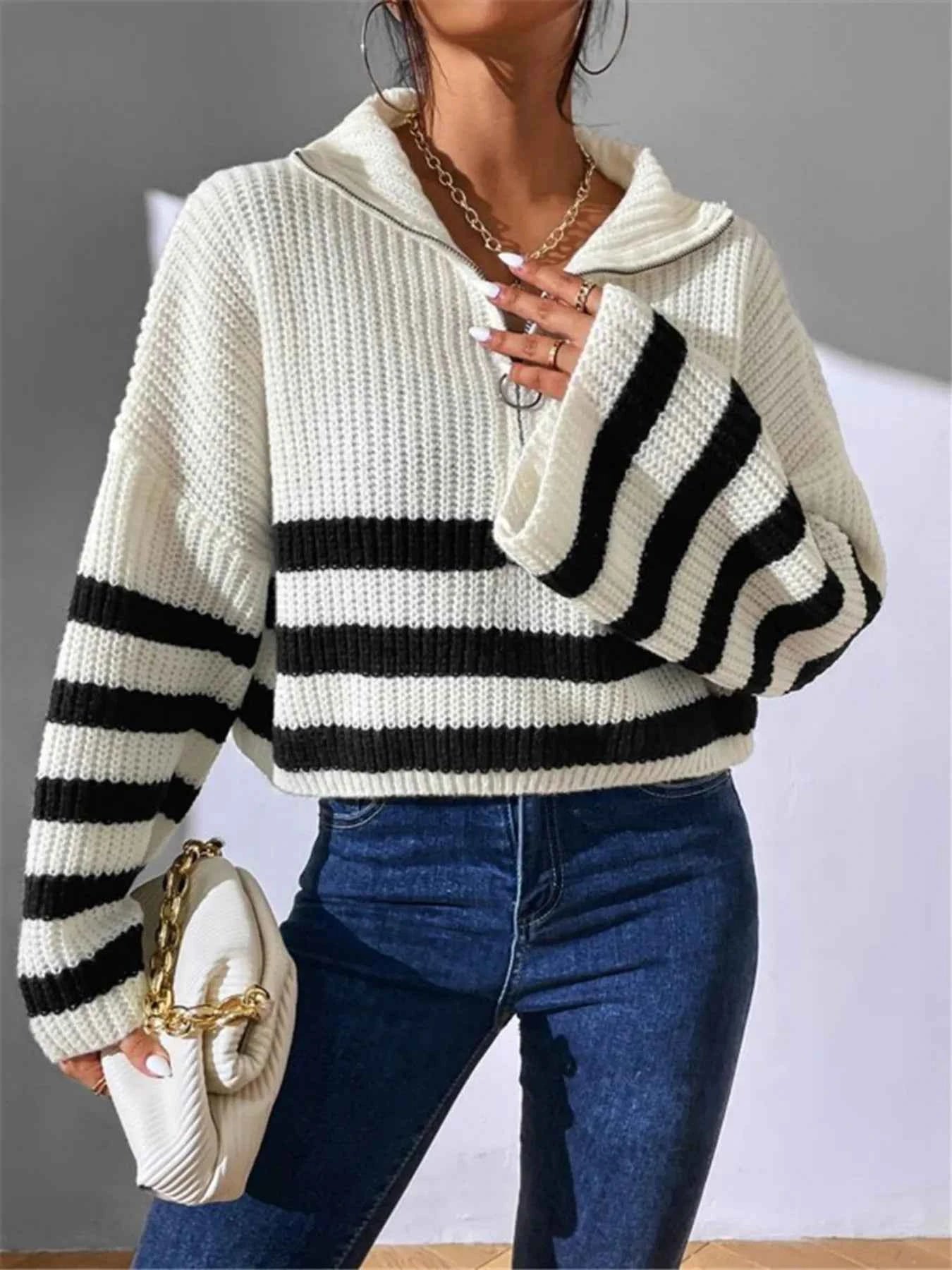 Striped Half Zip Cropped Sweater White 9a46d73dc7264e3c8bfaac881b425c79-Max-Origin
