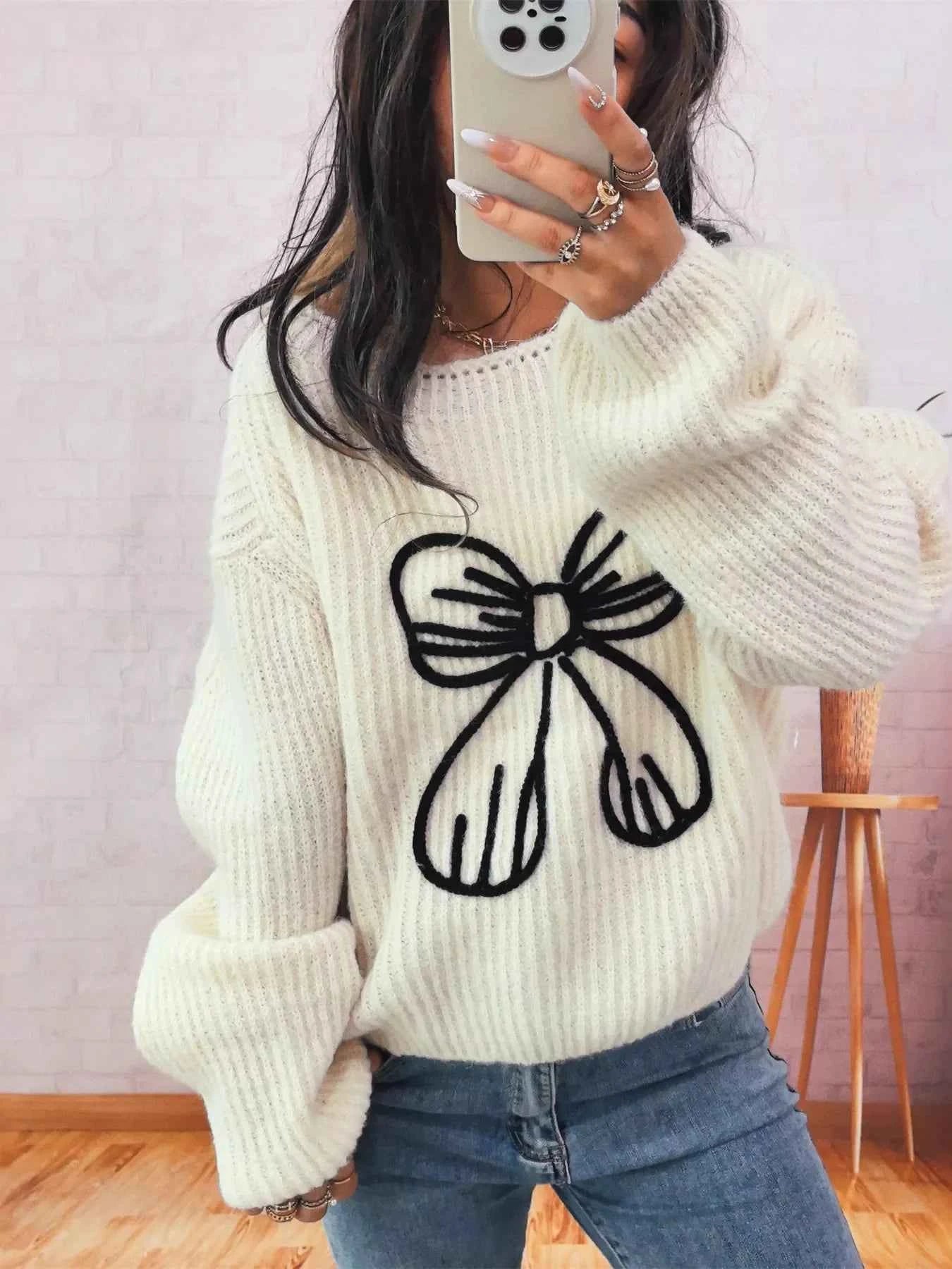 Bow Round Neck Long Sleeve Sweater 9a4d3a0e03ba44b084f0a2c7be49dcba-Max-Origin