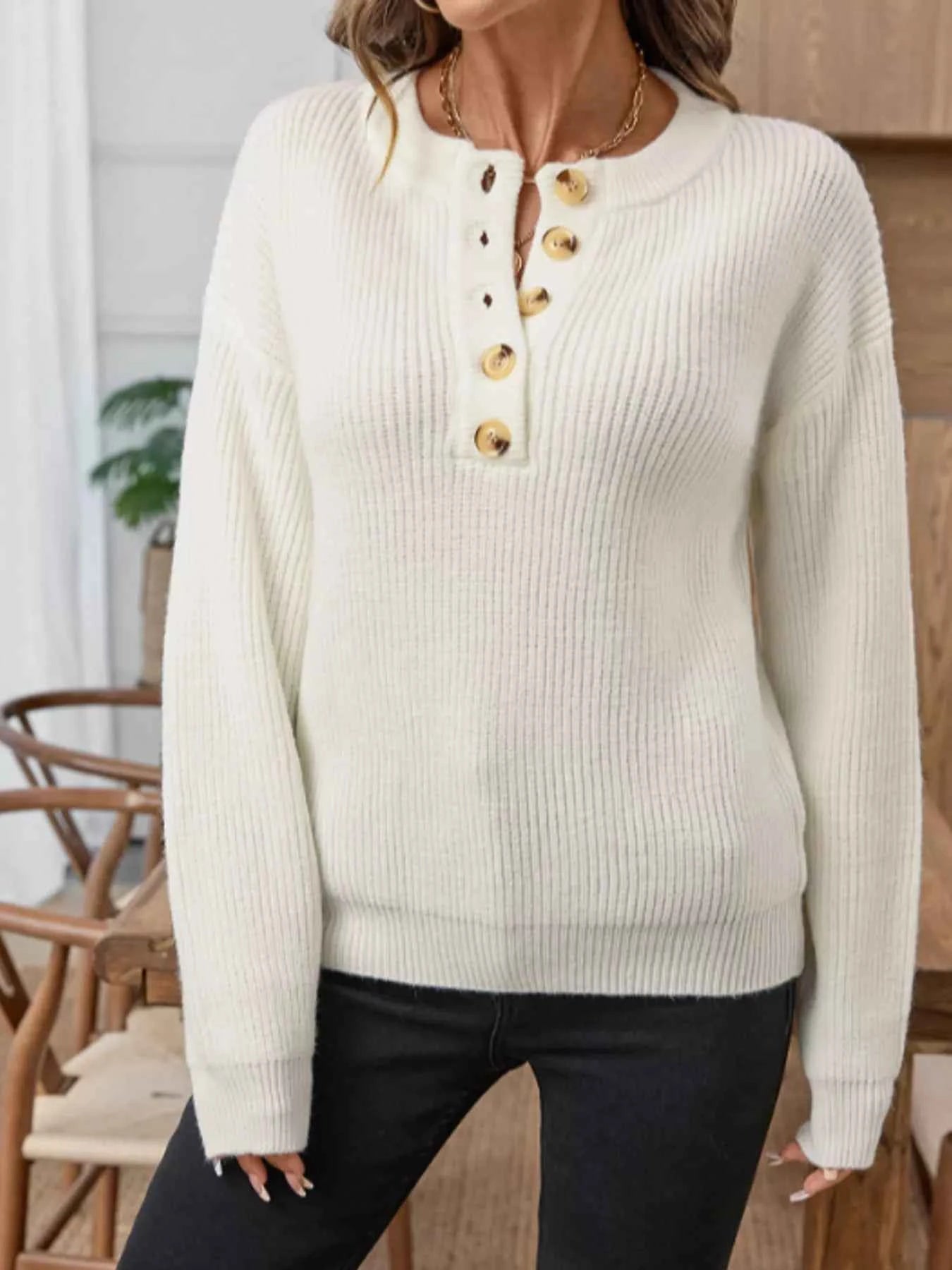 Button Detail Long Sleeve Sweater 9a4df7c455db407c8fe794f093b2db2b-Max-Origin
