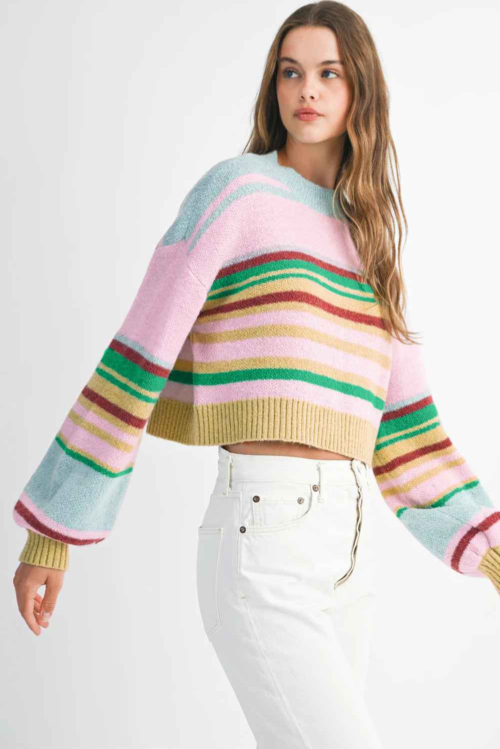 Multicolour Striped Knit Ribbed Trim Boxy Fit Cropped Sweater 9a4e87e4fdfd5497