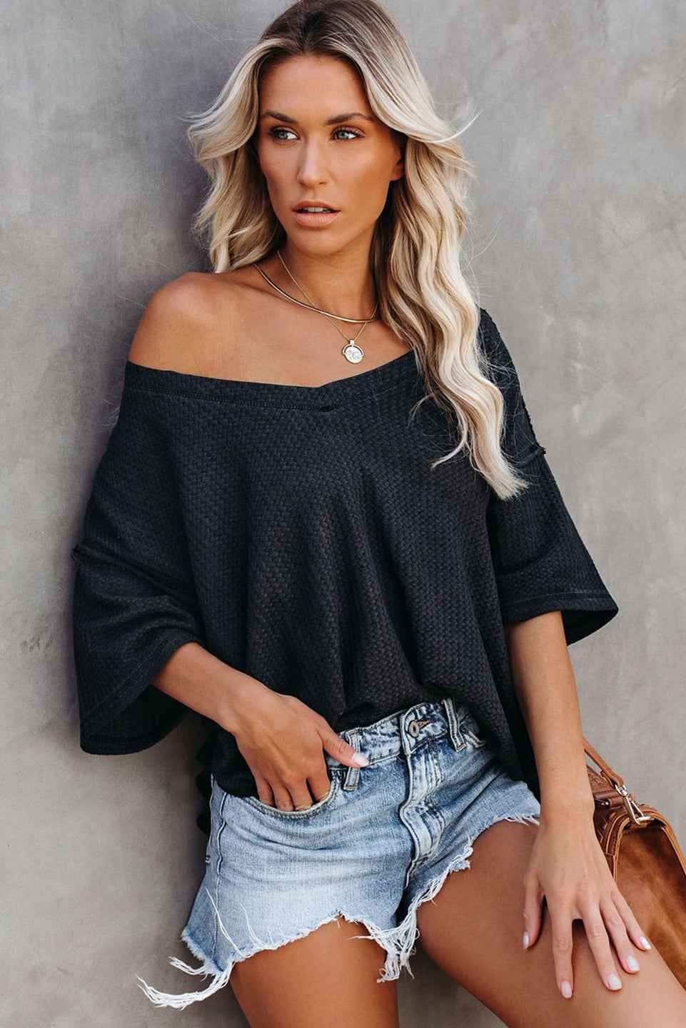 Blue Exposed Seam Drop Sleeve V Neck Waffle Textured Top 9a5705160b82db4d