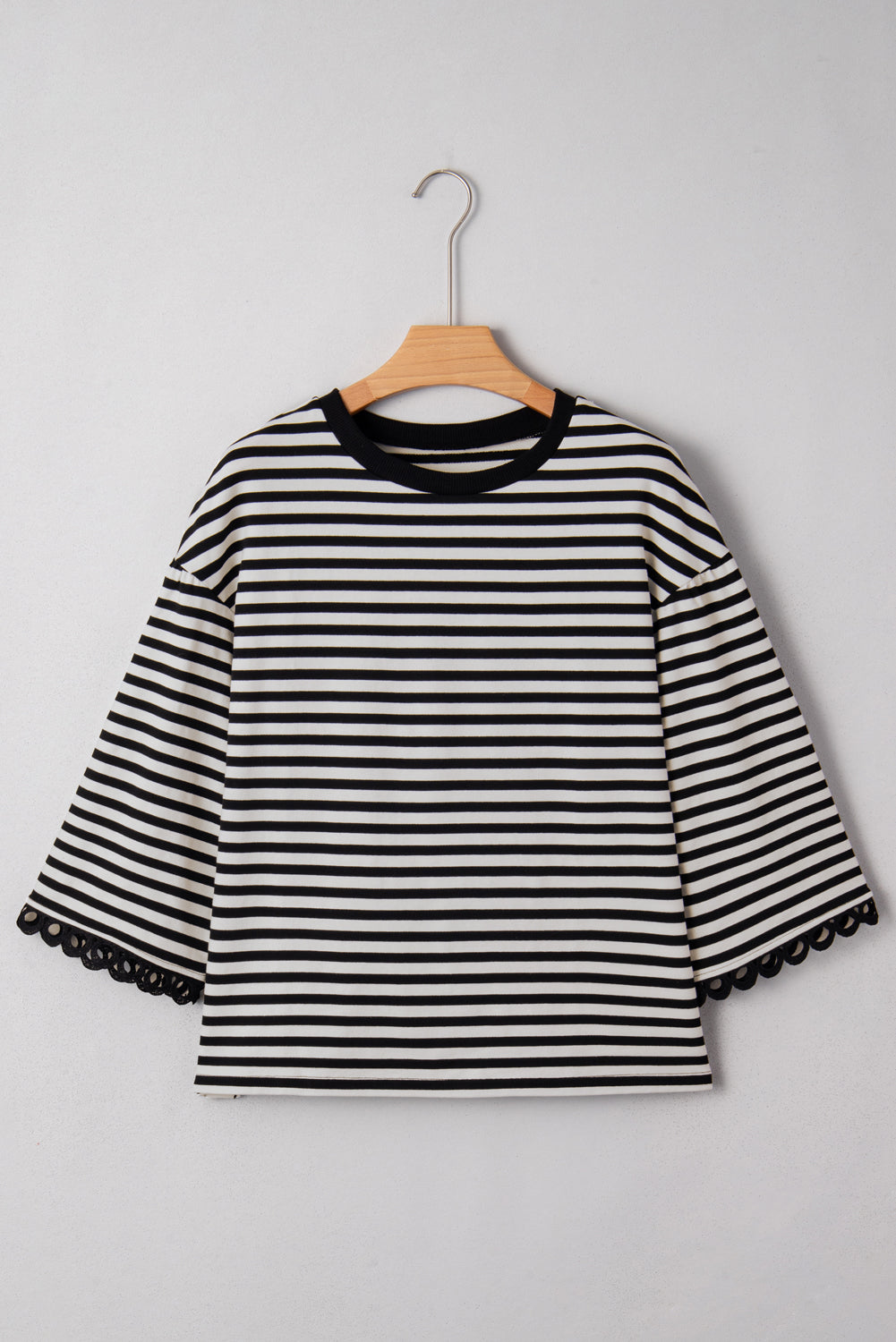 Black Striped Round Neck Contrast Trim Bell Sleeve Top 9a5da74046977ec2