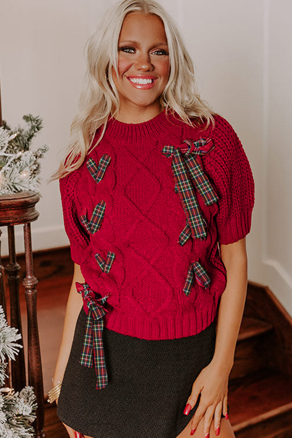Fiery Red Plaid Lace-up Detail Christmas Holiday Puff Short Sleeve Sweater