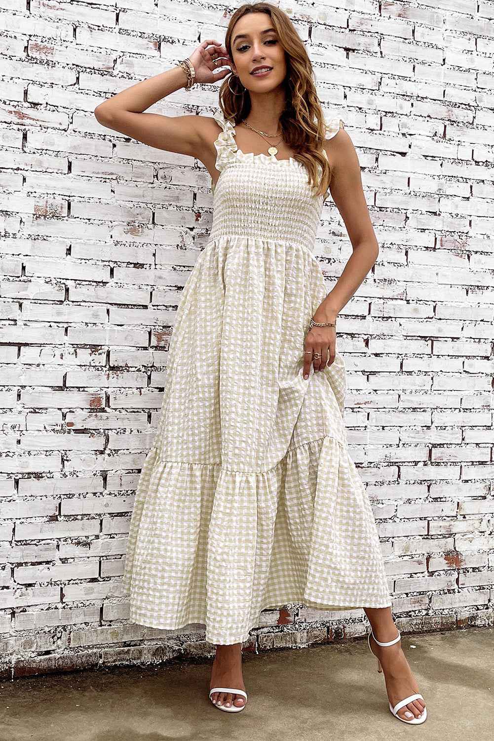 Plaid Ruffle Strap Square Neck Dress 9a9676cd5abd40a28774036522df9245-Max