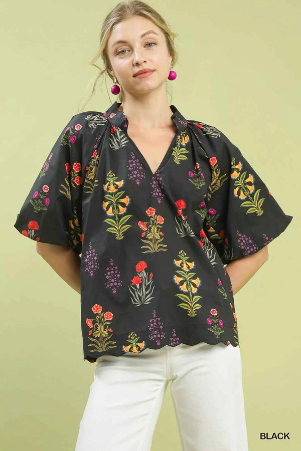 Umgee Floral Print Puff Sleeve Scallop Hem Blouse Black 9a969227-99a7-45a2-bd6e-523a07e2d674-Max-Origin
