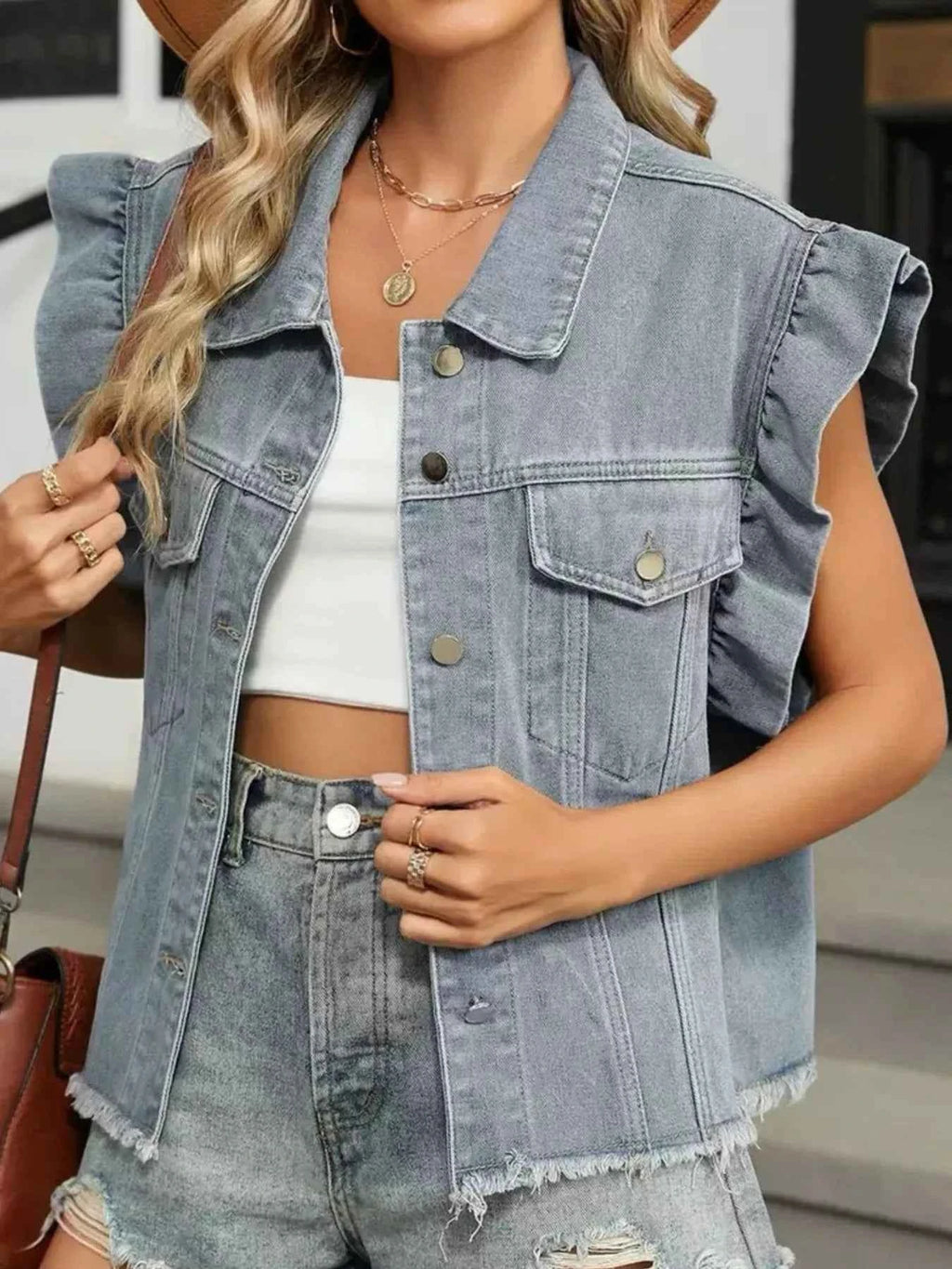 Ruffled Raw Hem Button Up Denim Jacket 9aa67510-d7f0-446c-9237-c030365f600c-Max-Origin