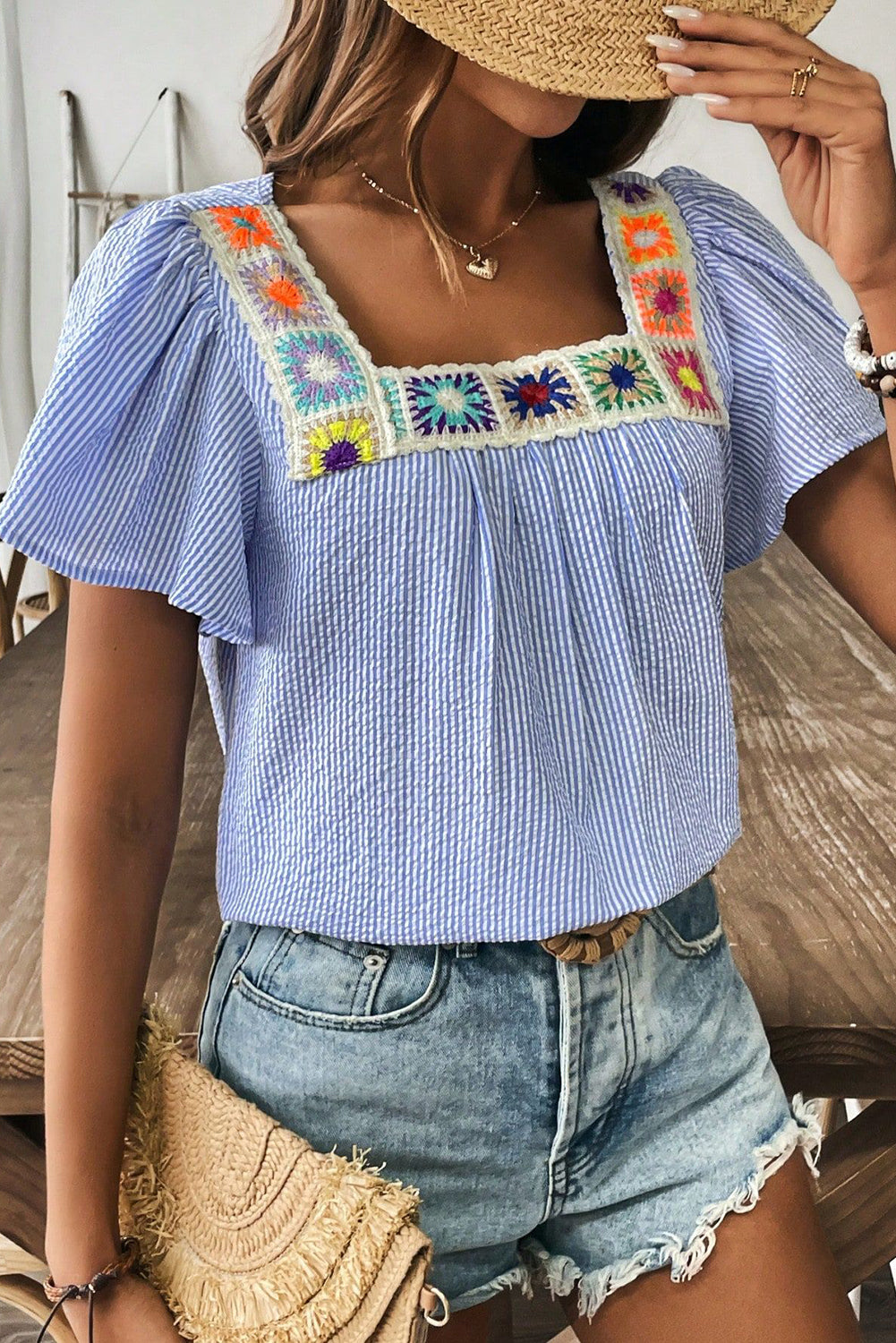 Sky Blue Striped Crochet Applique Boho Blouse 9ab99f000a3347ed