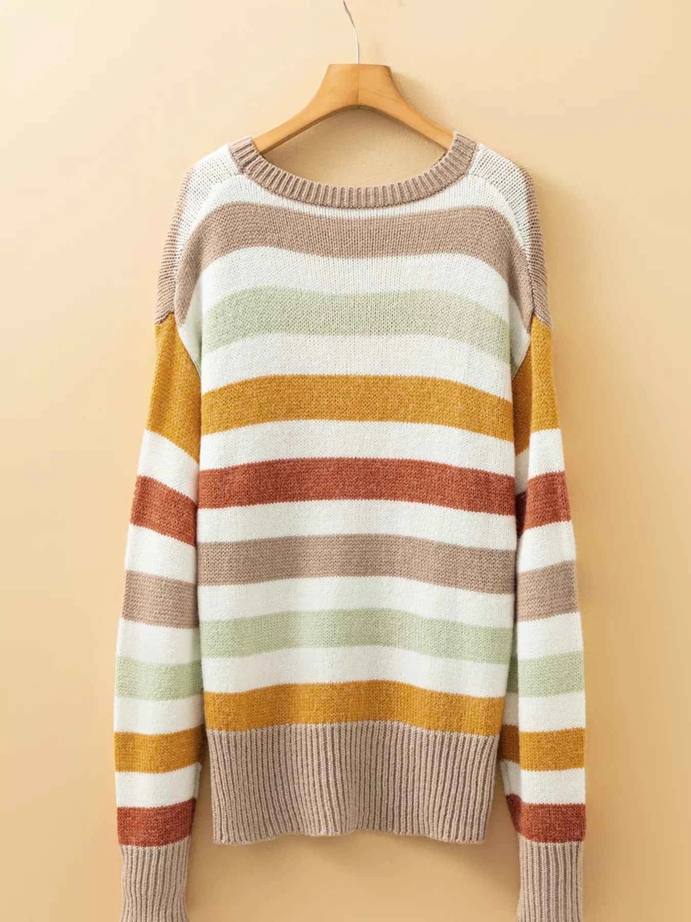 Multicolour Stripe Drop Shoulder Crew Neck Sweater 9ac37927056640aa884b357e4193fa0e-Max-Origin