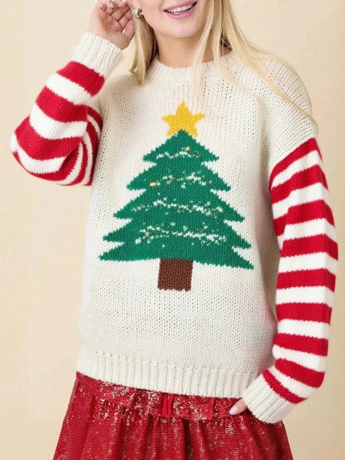 Christmas Tree Round Neck Sweater Beige 9ad04c2c-0345-4a34-be3b-b547545c7c6e-Max-Origin