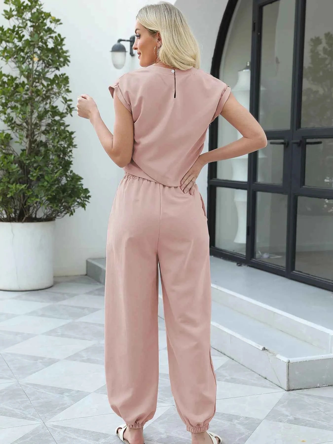 Round Neck Short Sleeve Top and Pants Set 9ad11073a3974a80b08b3a9cd378ae48-Max-Origin