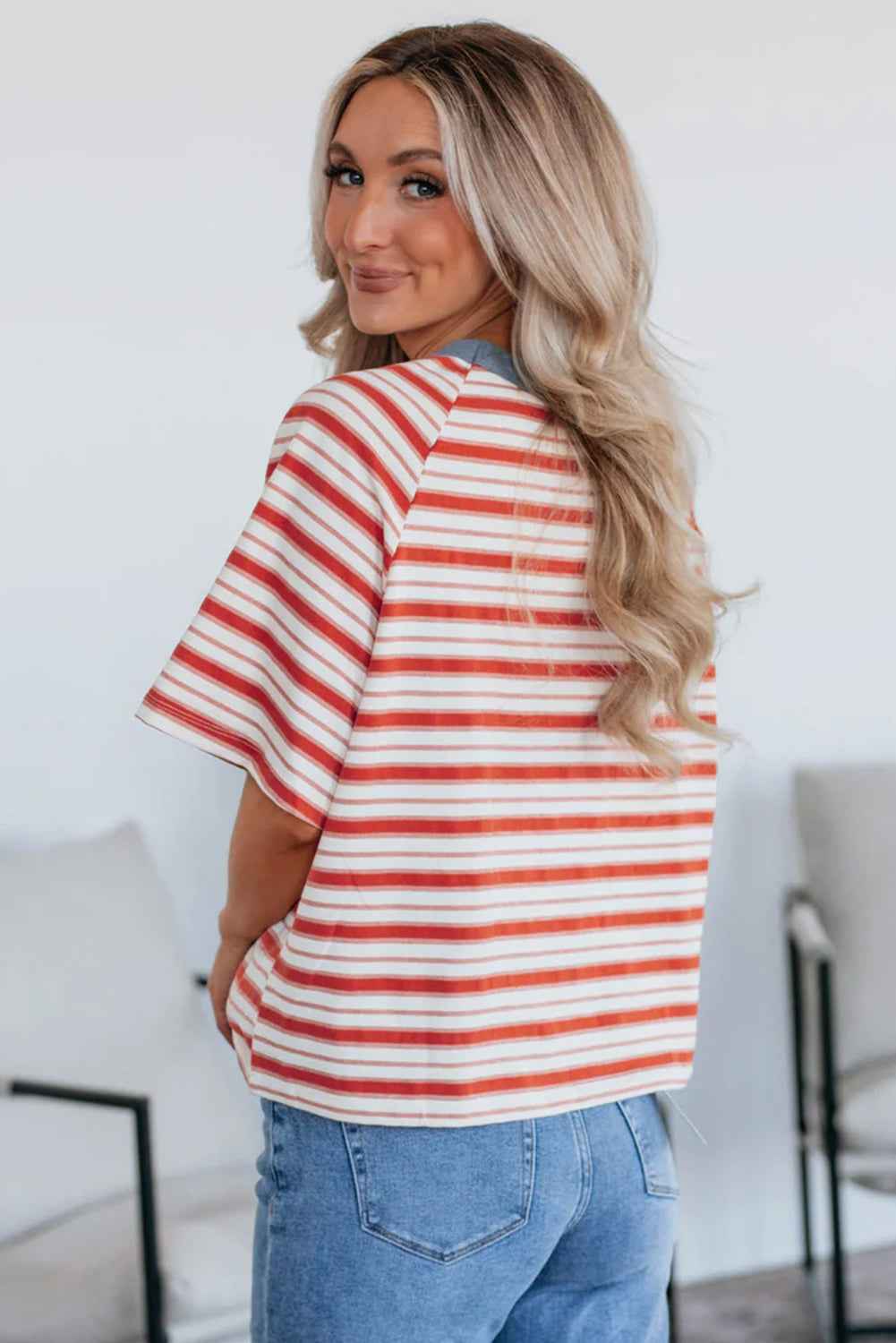 Tomato Red Striped Raglan Sleeve Contrast Neck T-Shirt 9ad18198c41f98fd