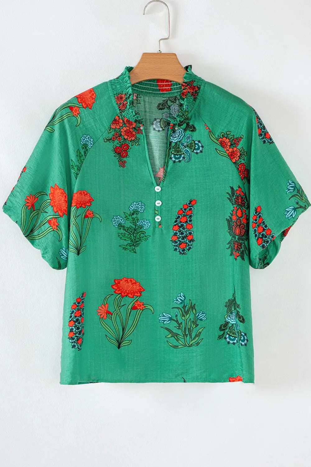Floral Print Notched Short Sleeve Blouse 9ad209ae-e928-4a2e-a66e-fc13b55c51eb-Max-Origin
