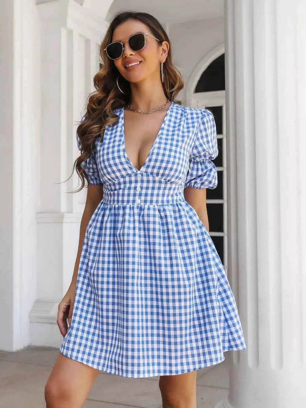Decorative Button Plaid Short Sleeve Dress 9ae2a20f-4134-4441-98a3-0fdfd1dbae06-Max