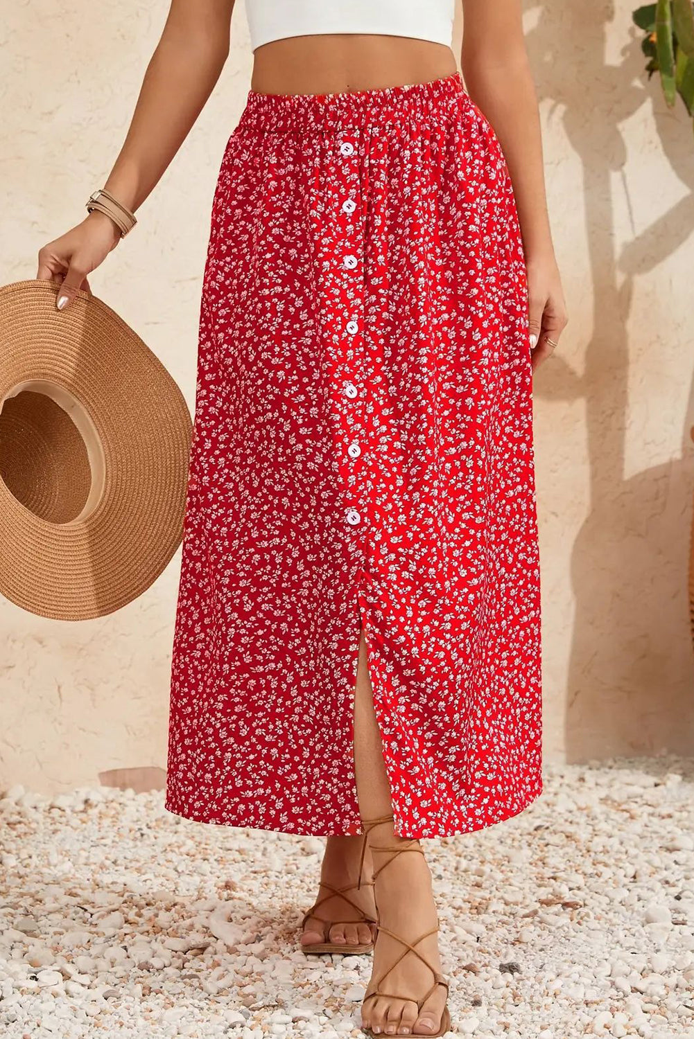 Red Floral Print Button Down Skirt 9ae3b56849c25575