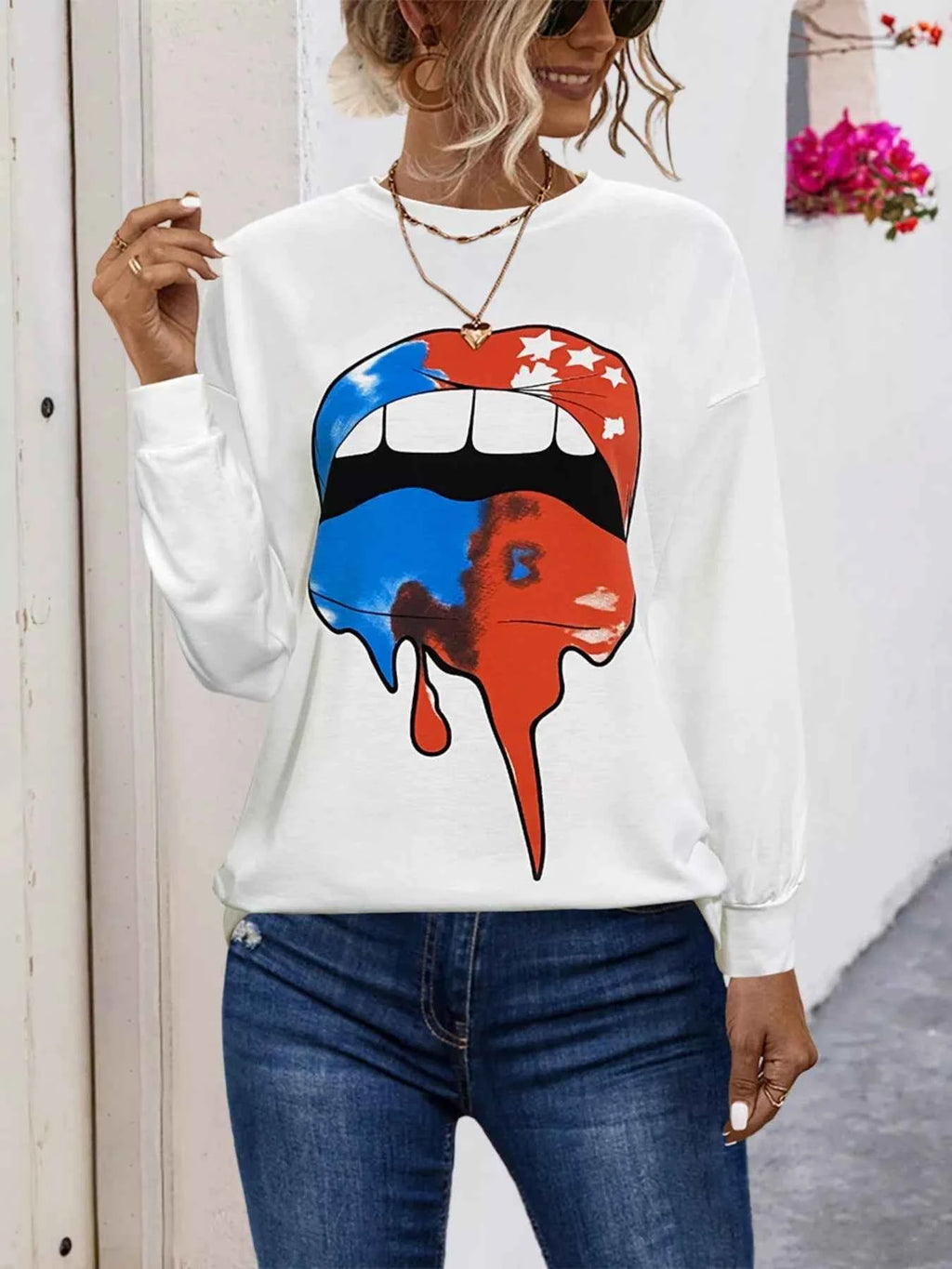 Graphic Round Neck Dropped Shoulder T-Shirt White Lip Print 9ae537a1-7a7d-4c95-9795-bb0b60bfa58e-Max-Origin