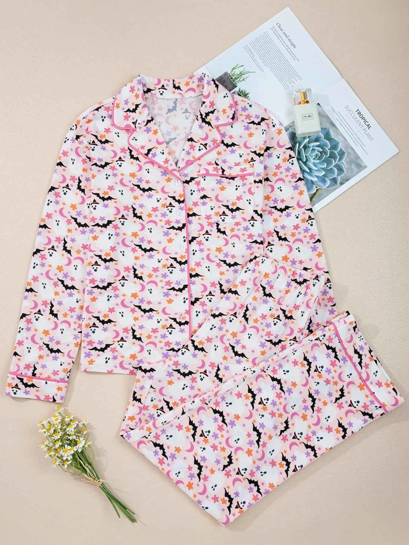 Halloween Ghost Print Button Up Top and Pants Lounge Set 9ae6cea8d9b841c9b2ef514ac2b71fbd-Max-Origin