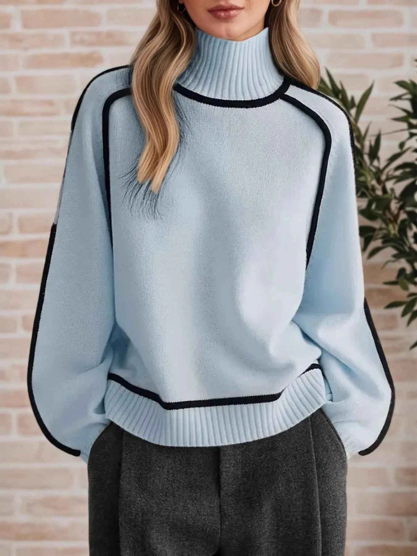 Contrast Trim Turtleneck Sweater Light Blue 9afe0f5420b948688e75bb221bdf9872-Max-Origin