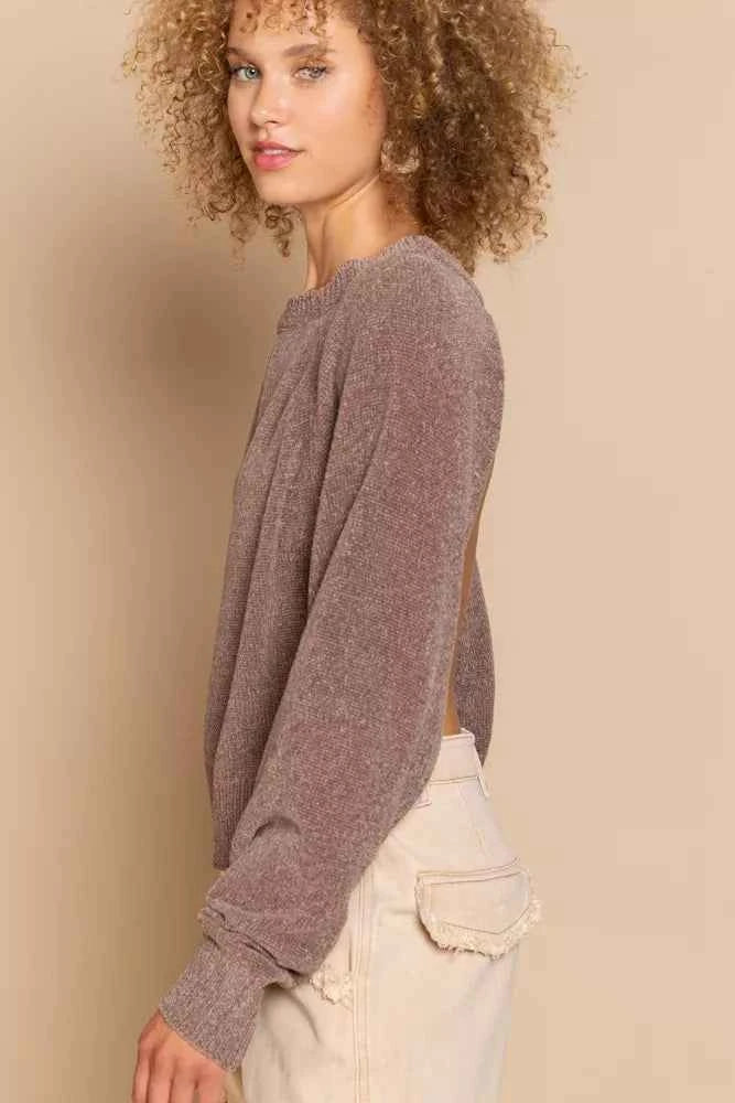 POL Round Neck Backless Sweater with Ribbed Edge 9b0d6851-703b-403b-9b8f-f3fd7a18d5ba-Max-Origin