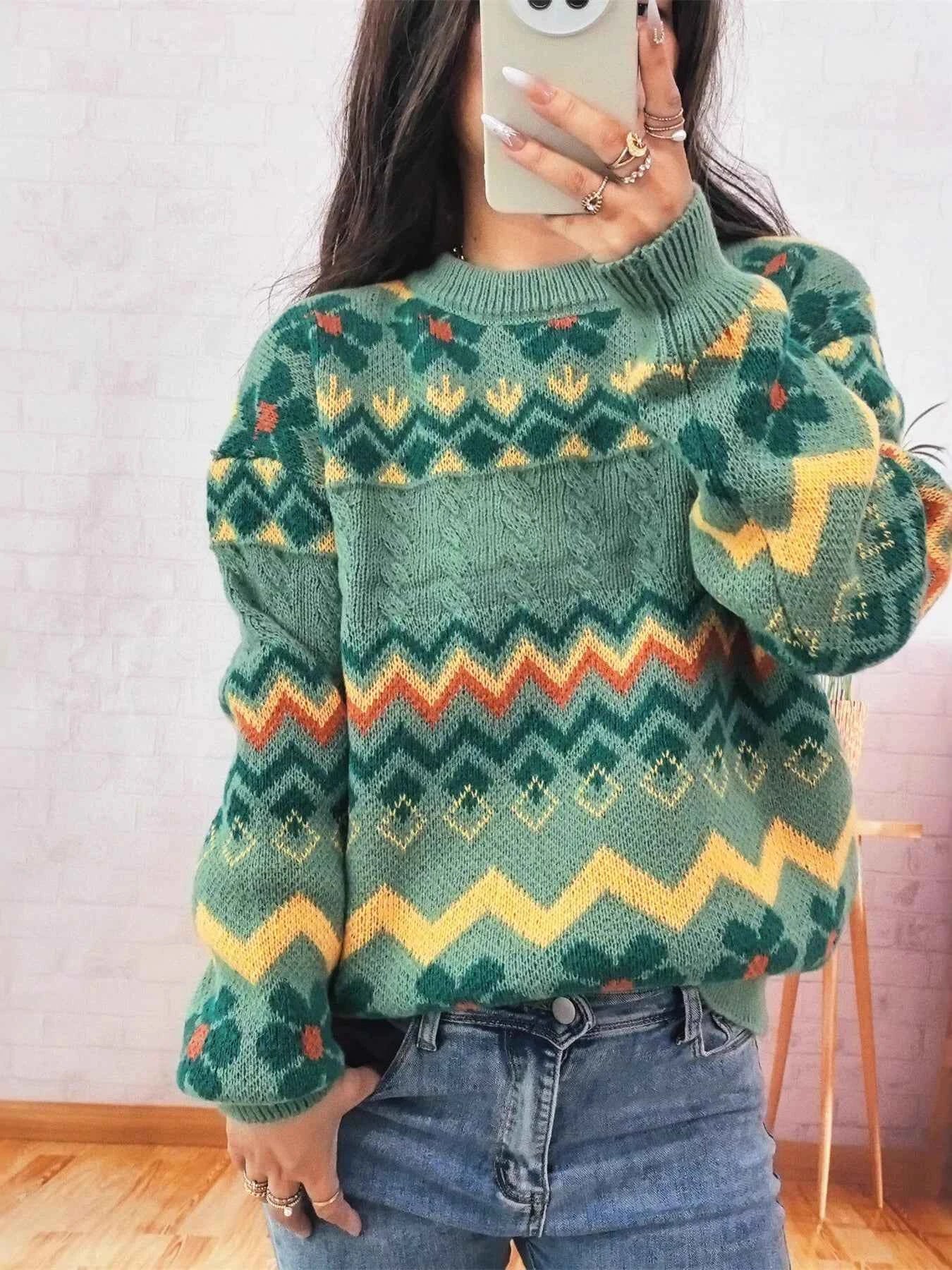 Geometric Round Neck Long Sleeve Sweater Green One Size 9b0dd42e451047948f229be061d44dc6-Max-Origin