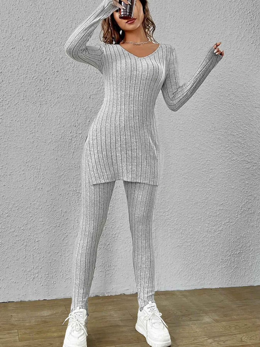 Slit V-Neck Ribbed Top and Pants Set 9b12aa55973048adb1648defb58829bc-Max-Origin