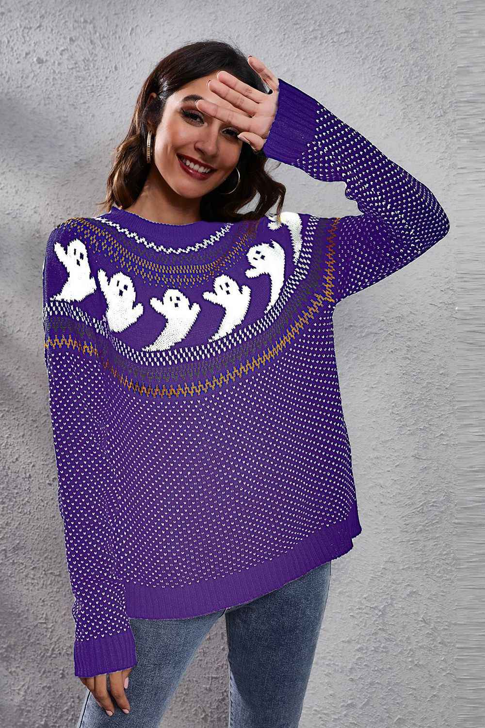 Ghost Pattern Round Neck Long Sleeve Sweater Light Indigo 9b3ac9a2f5d843ad9089ace3cd62cdae-Max