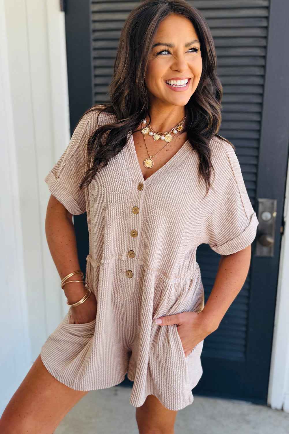 Parchment Corded Short Sleeve V Neck Pocketed Romper 9b49ec003b4e7ec2