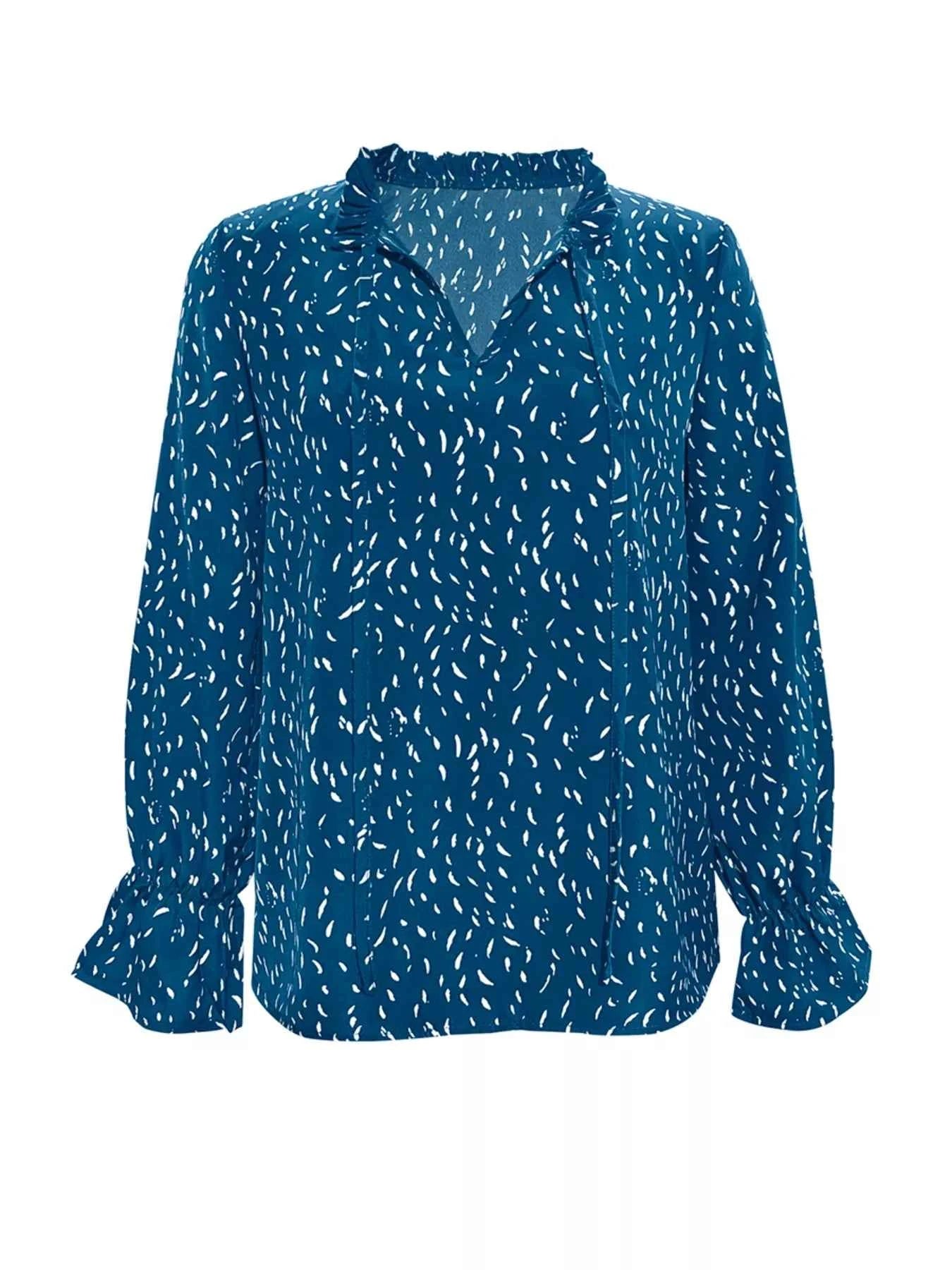 Ruffled Printed Tie Neck Long Sleeve Blouse 9b4b6c49-b85b-4682-b16a-24451bb3dbbe-Max-Origin