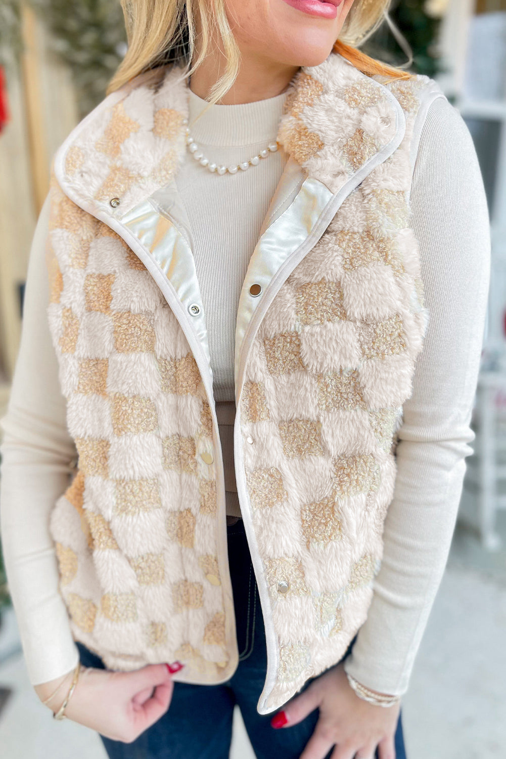 Khaki Sherpa Checkerboard Snap Button Vest Jacket Khaki 100%Polyester 9b53a58b488868c0