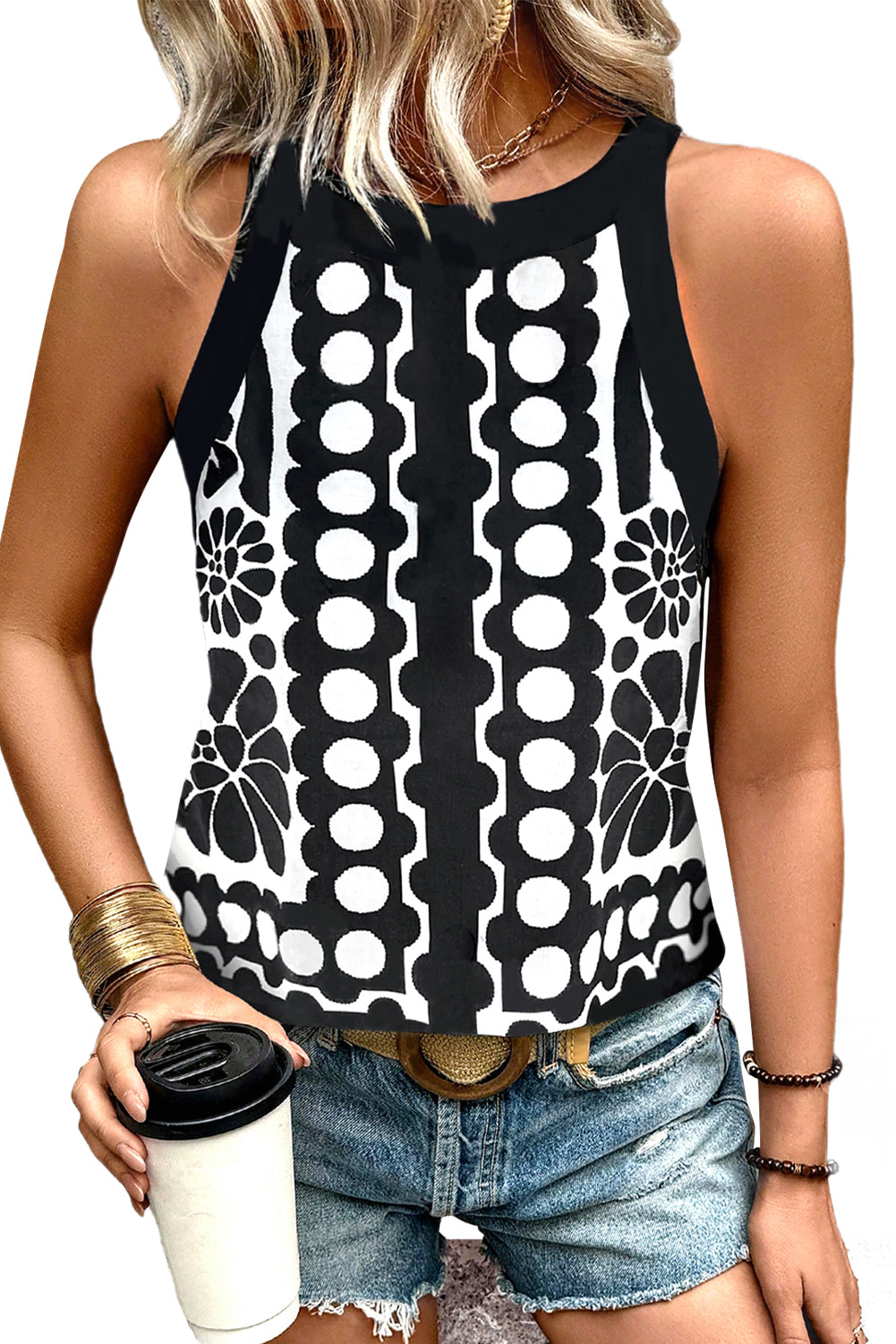 Black Geometric Print Sleeveless Top 9b53d191b9f07561