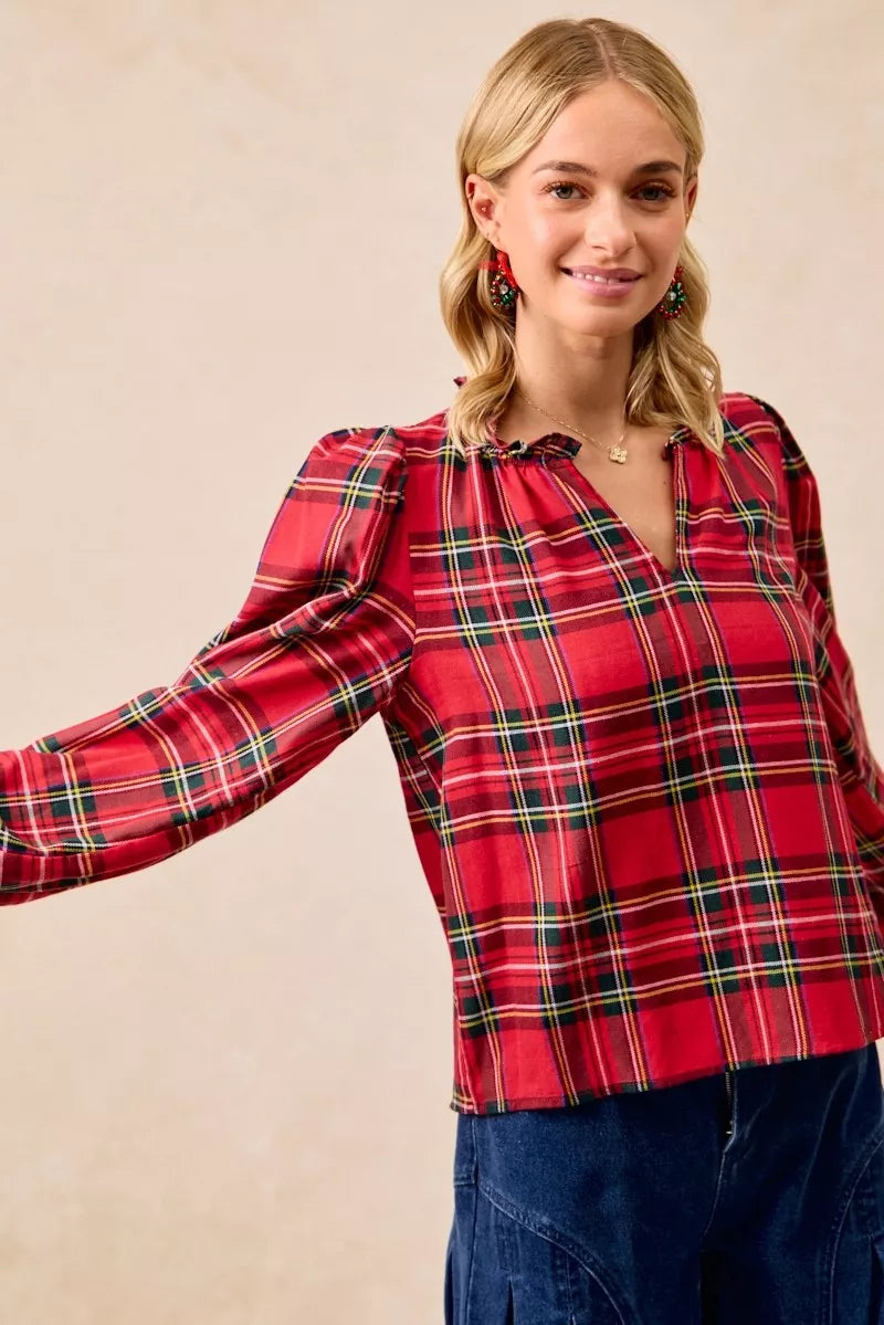 BiBi Christmas Plaid Balloon Sleeves Ruffled V-Neck Top 9b5c3e6f4f54483ab6d6c122dff24c47-Max-Origin