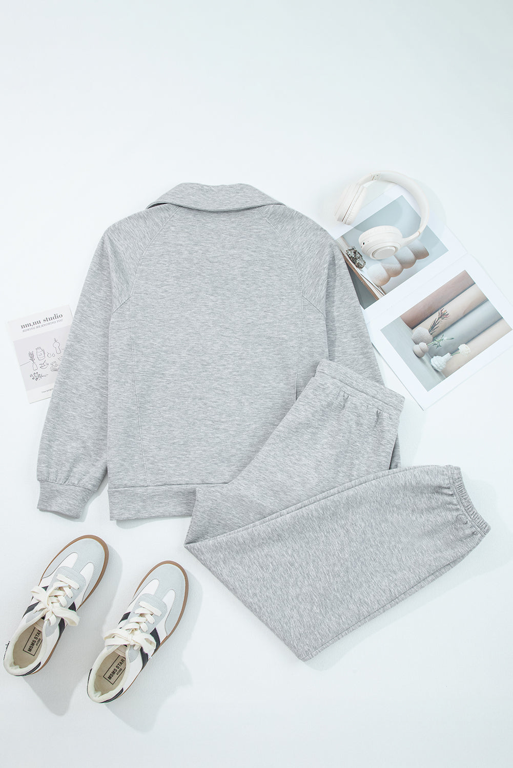 Light Grey Zip Collar Long Sleeve Top Drawstring Pants Set 9b6143f2f29ce82d