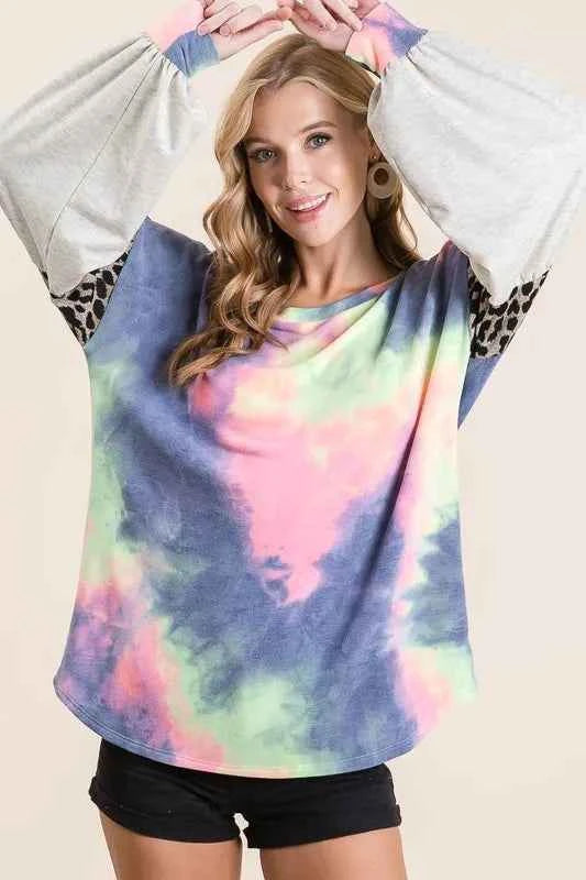 BiBi Tie Dye Terry Top with Contrast Puff Sleeves 9b844dc370b54c65af99068e02efc88d-Max-Origin
