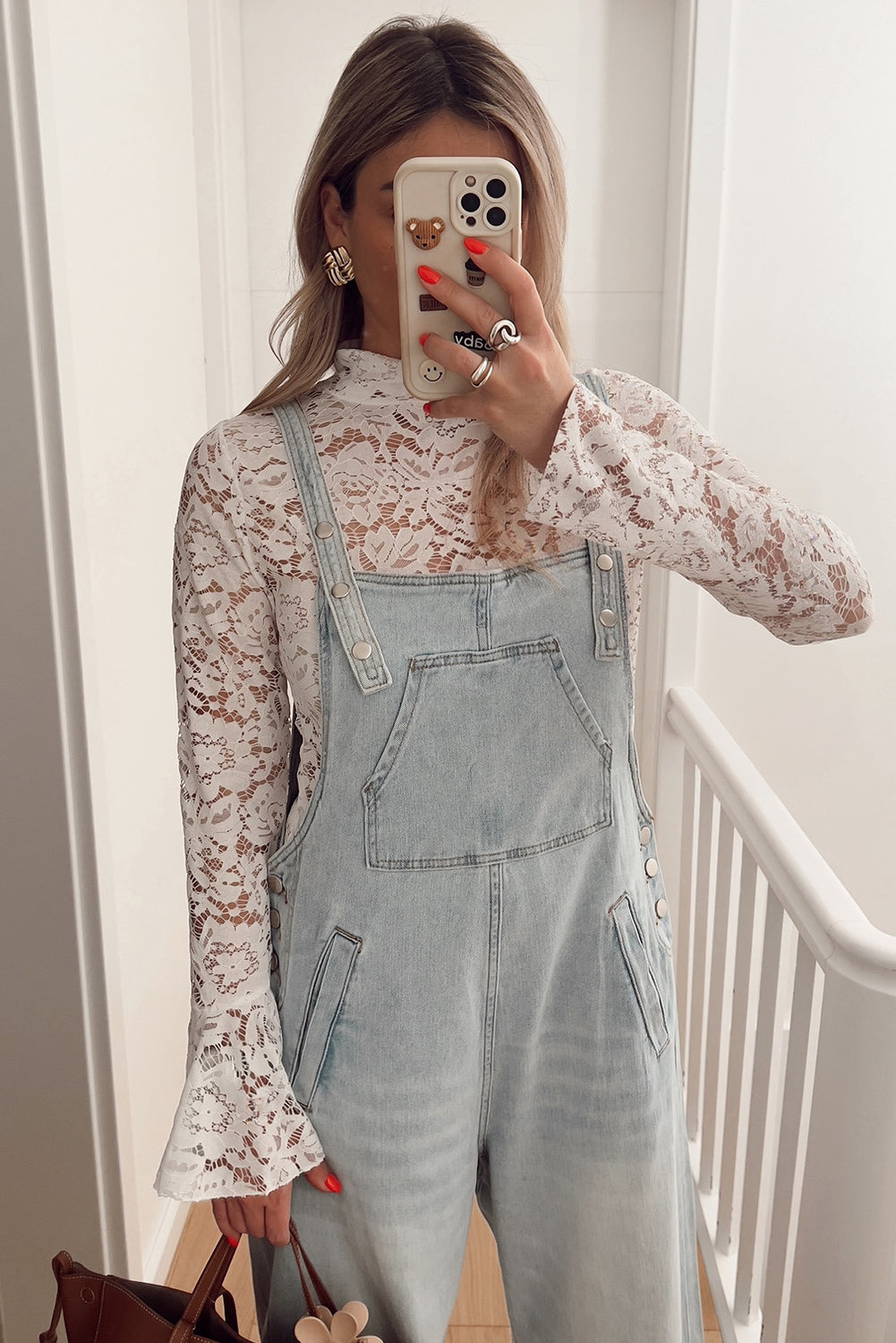 White Lace Crochet Bell Sleeve Mock Neck Blouse 9b8ca59080e3d53b