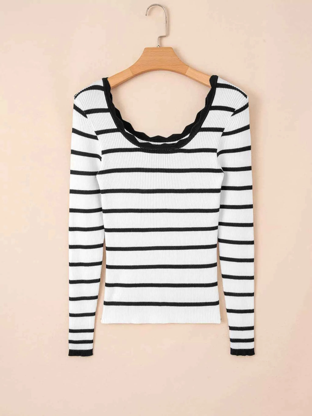 Scalloped Trim U Neck Striped Ribbed Slim Knit Top 9ba41f245c734f47bd4bcbcbca6fc360-Max-Origin