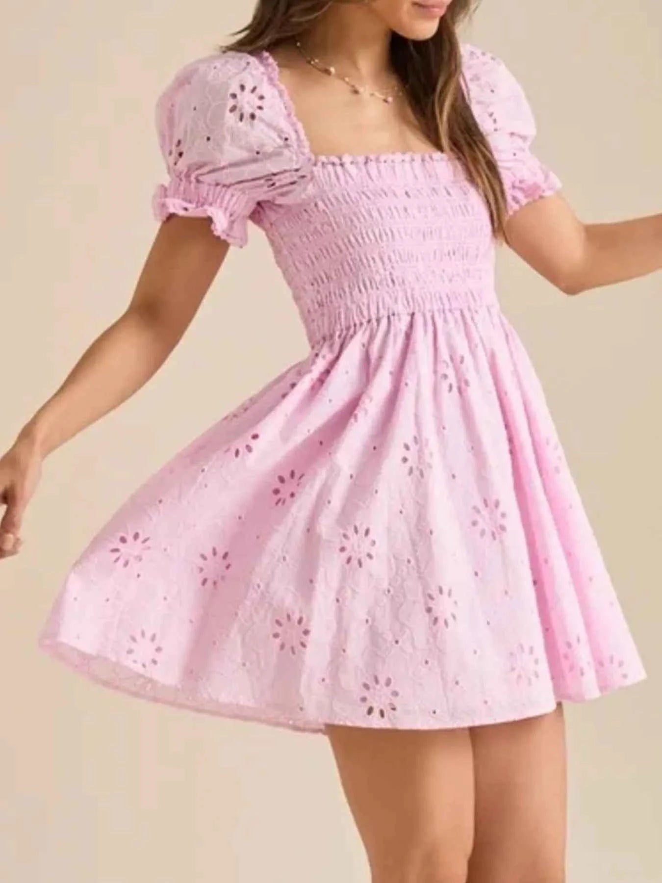 Eyelet Puff Sleeve Smocked Mini Dress 9bca8ddc-471a-4689-ace1-a52b6cb644f0-Max-Origin