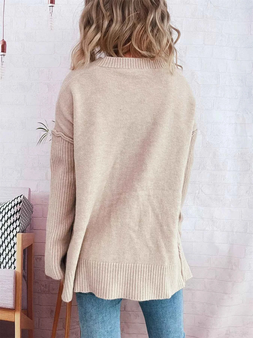 V-Neck Dropped Shoulder Sweater 9bce8cafd8634acb9538d94aa0329cab-Max-Origin