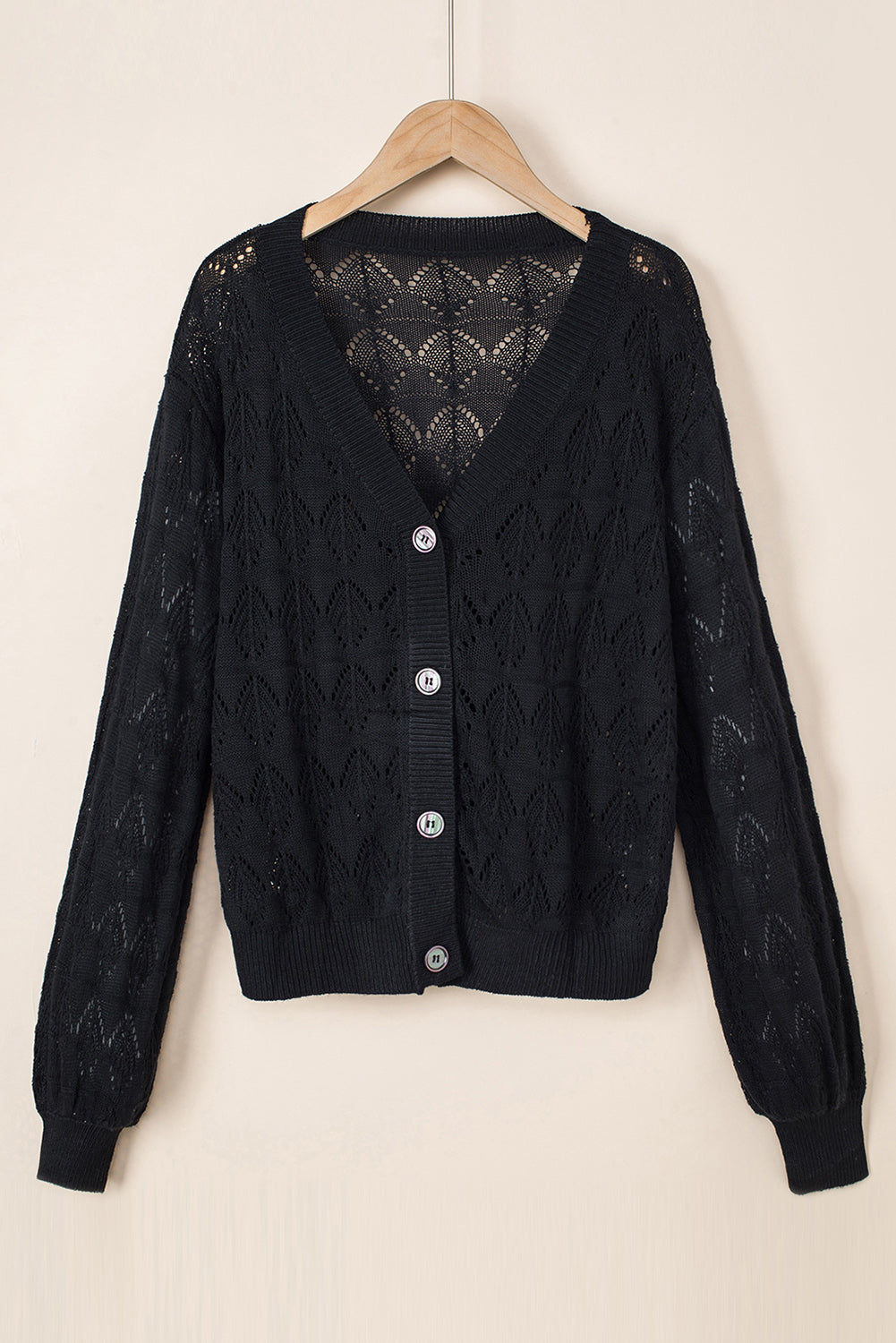 Black Lightweight Buttoned Front Crochet Cardigan 9bcebb7c37a6d959