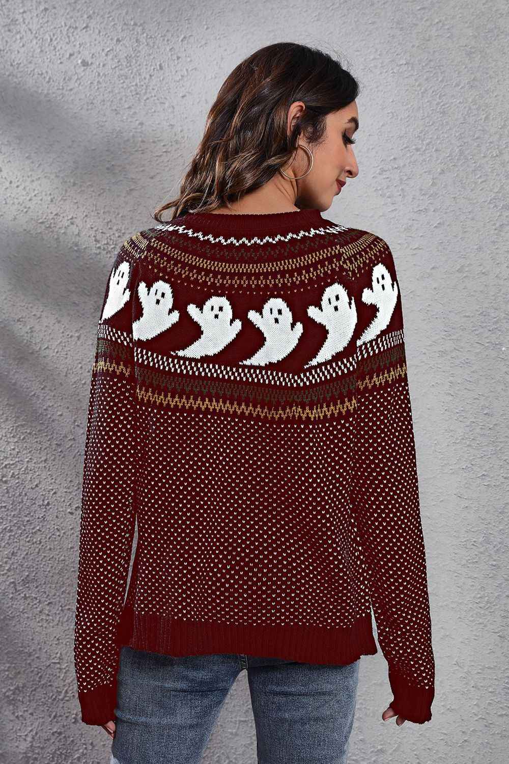 Ghost Pattern Round Neck Long Sleeve Sweater 9bd29d07e72549529de0cc4cac170296-Max