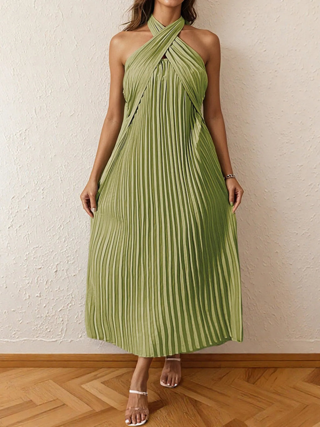 Pleated Halter Neck Midi Dress Matcha Green 9bd63cd5abe845ca8336dc885bb23f18-Max-Origin