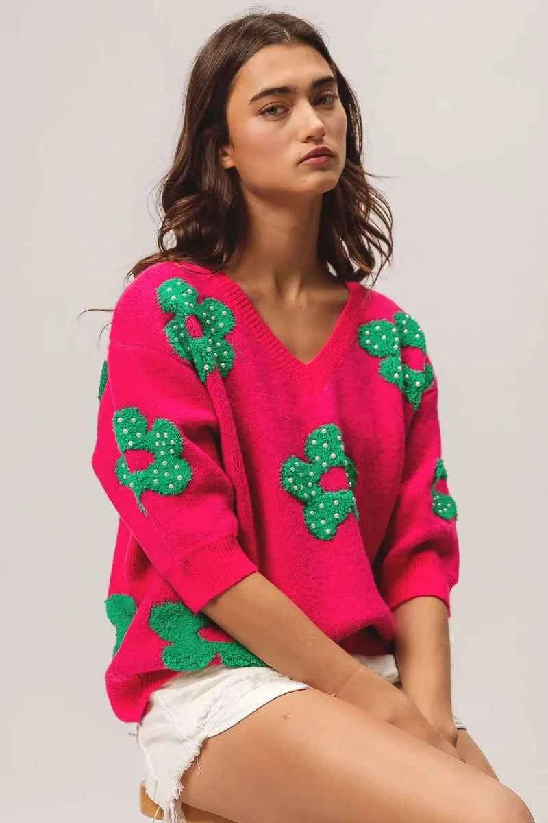 BiBi Pearl Beads Flowers Sweater Top FUCHSIA JADE 9bd95790a4a64b4fa7888e11d7f282a9-Max-Origin