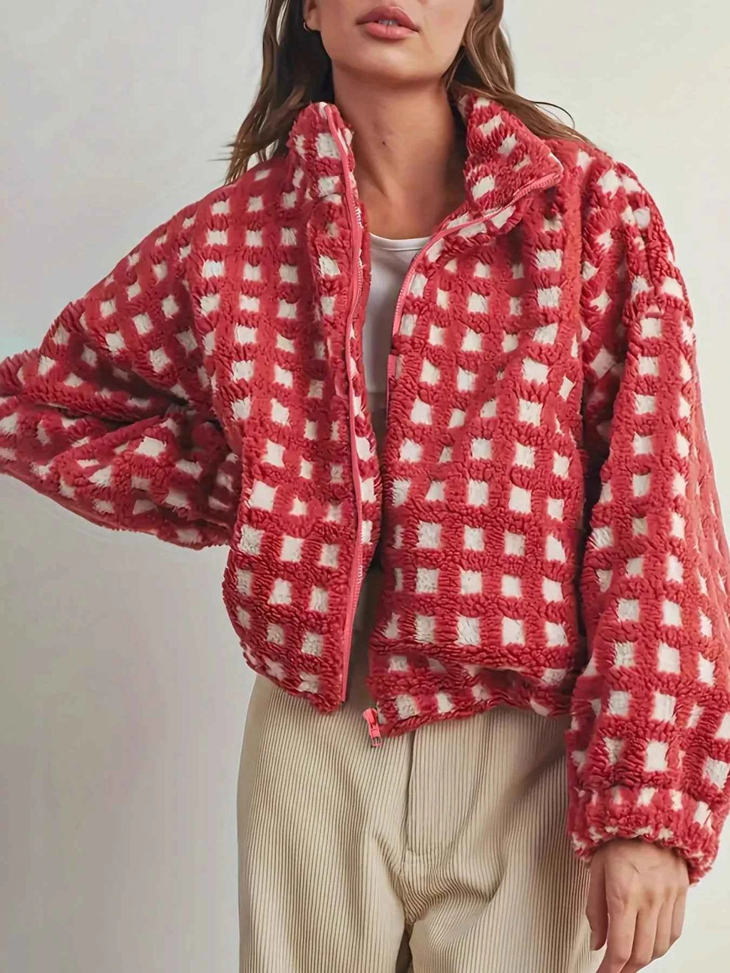 Fleece Checkered Puff Sleeve Bomber Jacket 9bdb5d5b-be22-4022-acc0-a60381cea83d-Max-Origin
