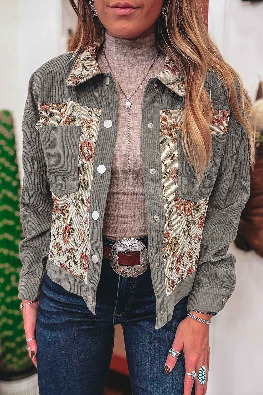 Medium Grey Ribbed Retro Floral Patchwork Jacket Medium Grey 100%Polyester 9bdbf5ceeef9b5e1