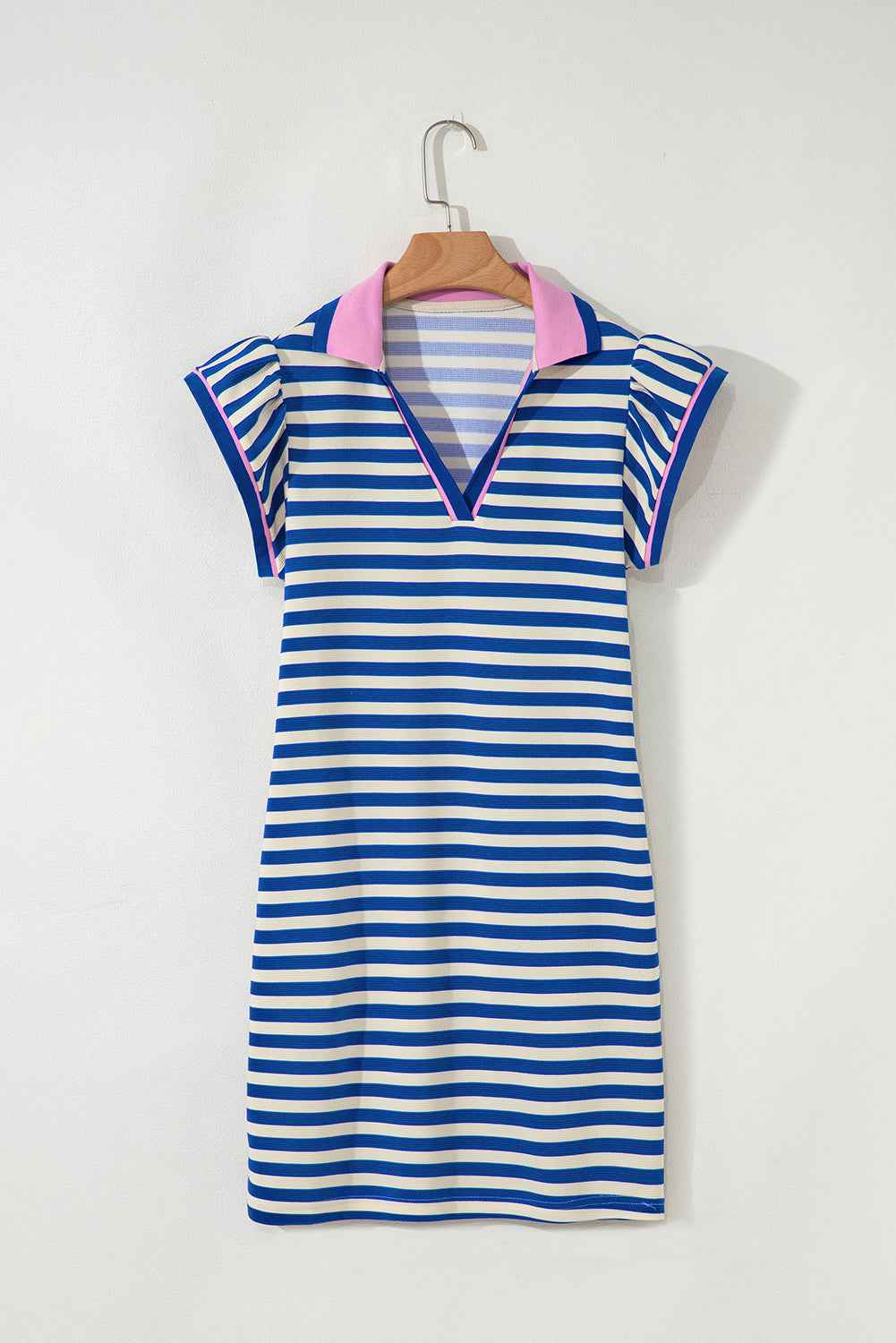 Dark Blue Striped Ruffle Short Sleeve Pop of Color Neckline Dress 9bf3f03ec5434cde