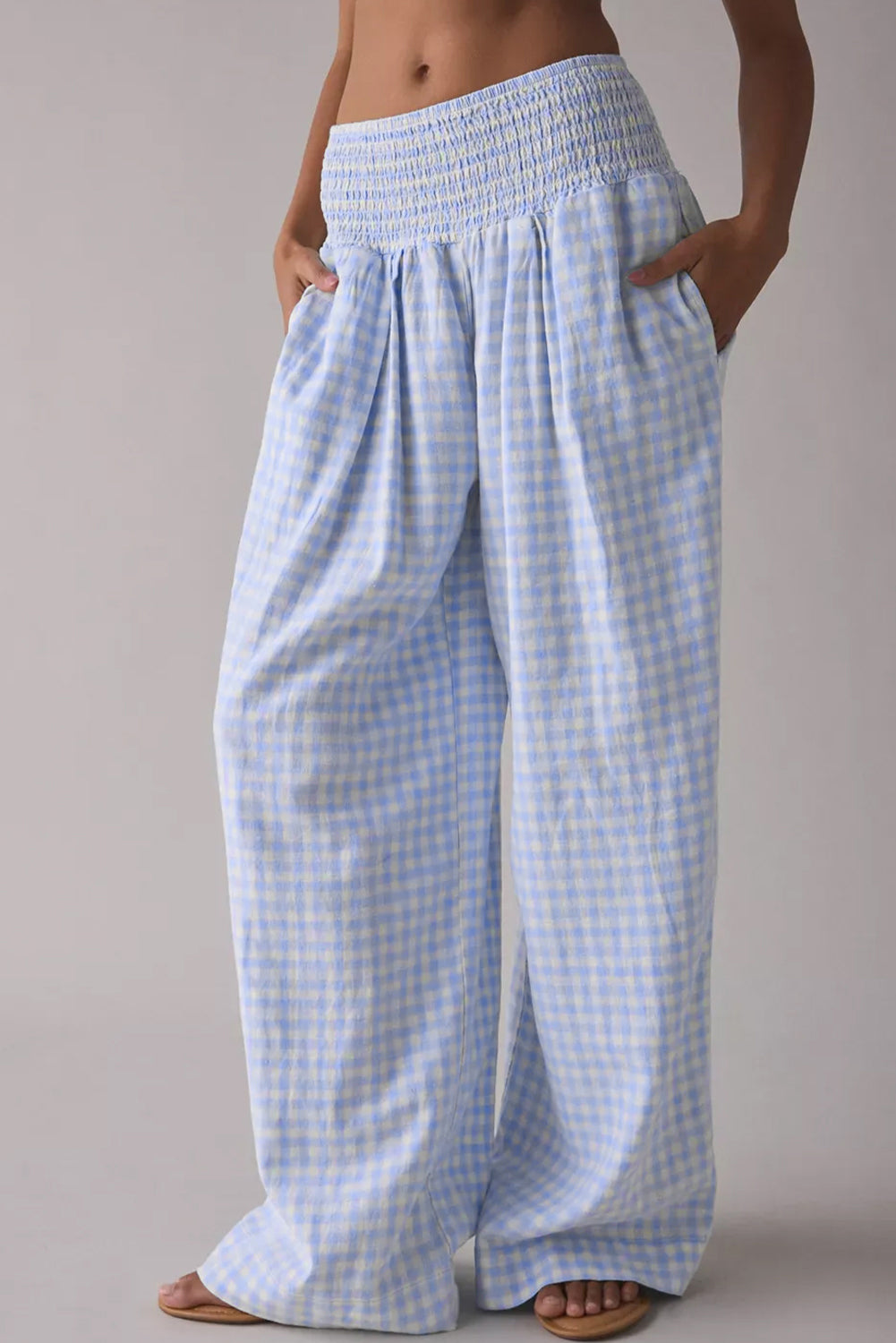 Myosotis Gingham Smocked High Waist Loose Pants 9bf881f085c25996
