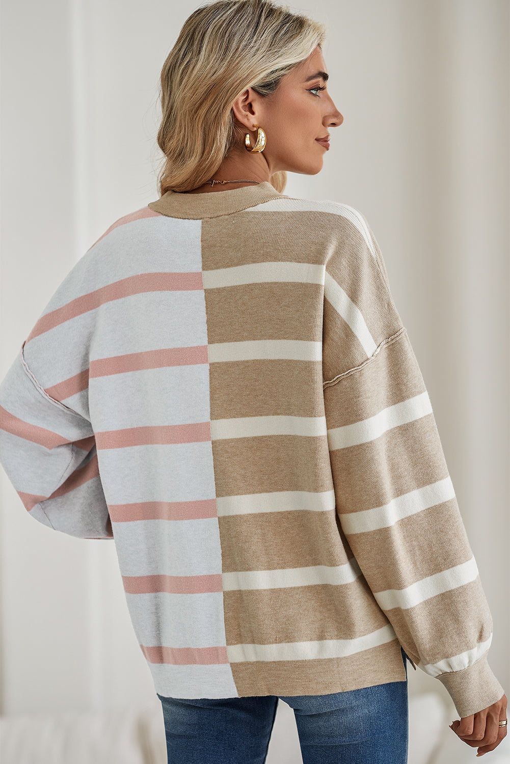 Blue Stripe Exposed Seam Patchwork Loose Sweatshirts 9bf8c789fc81e299