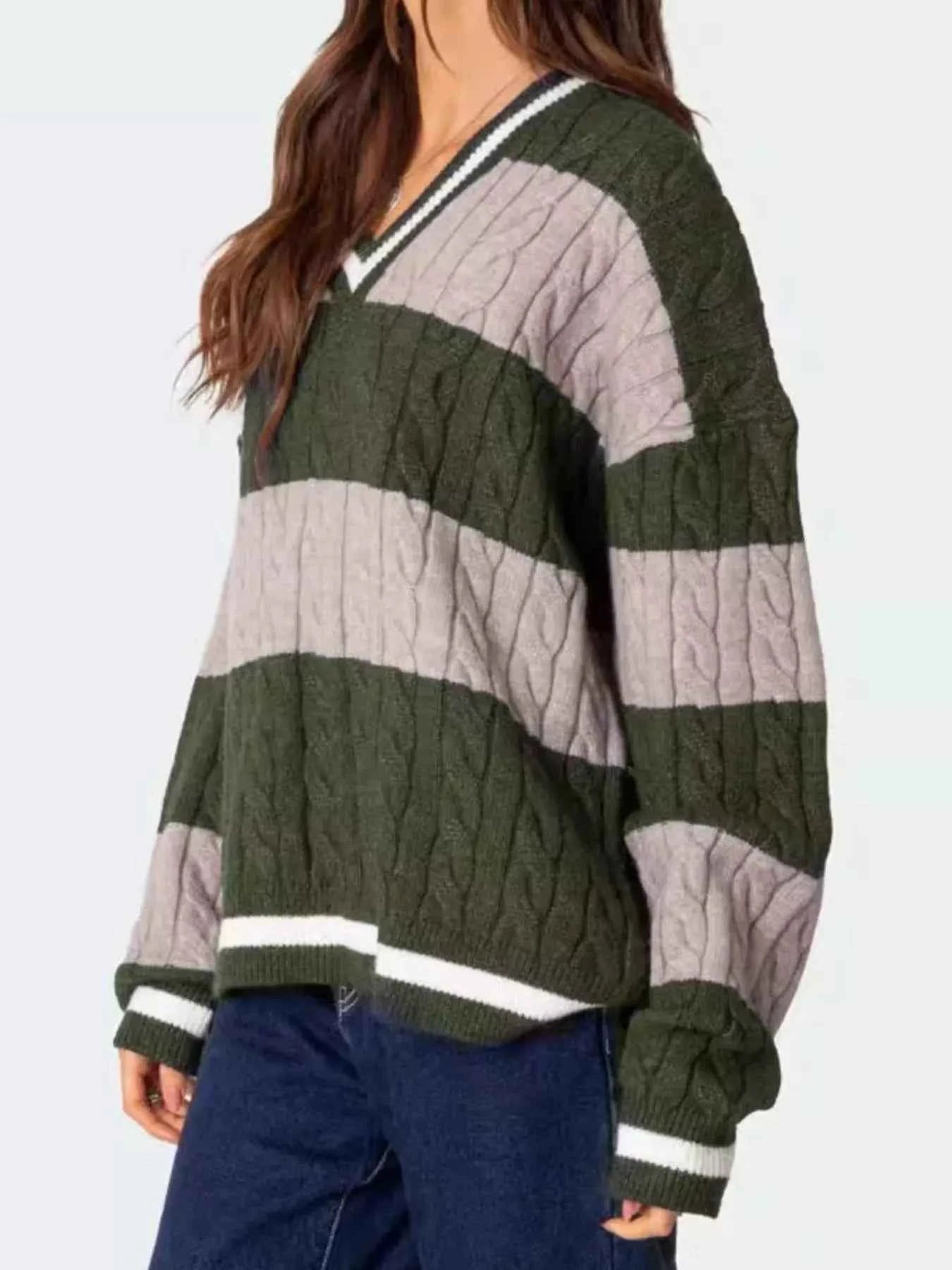 Striped Cable Knit V-Neck Sweater 9c061ceb-0fd4-4021-83d3-087fb643f7b0-Max-Origin