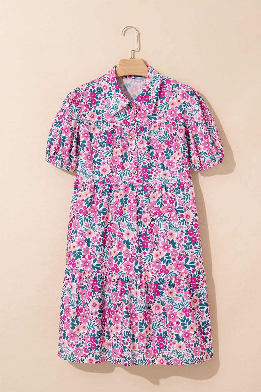 Pink Allover Floral Print Collar Half Button Short Sleeve Loose Dress 9c0747dfa38dc060