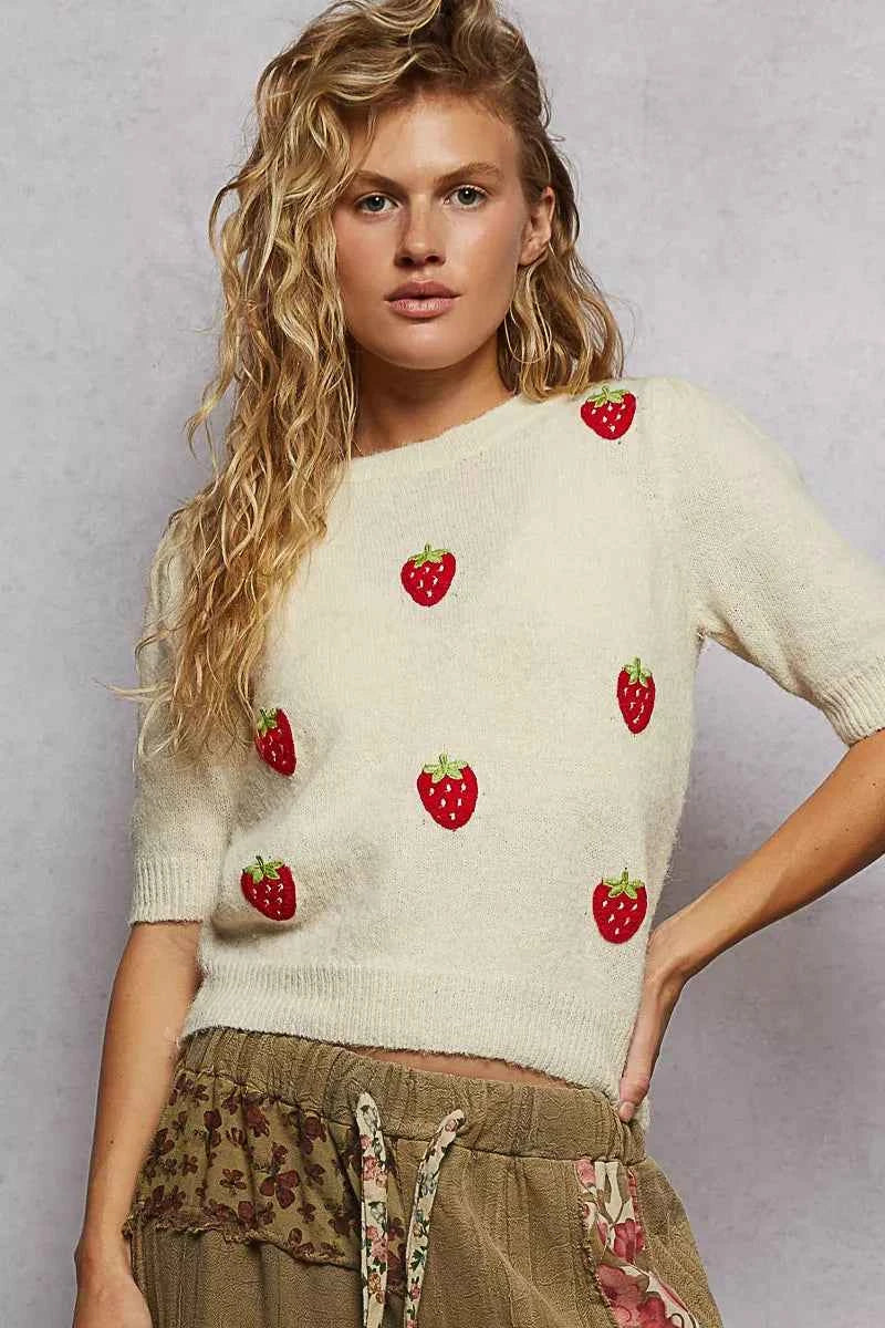 POL Round Neck Strawberry Patch Sweater with Shirring Shoulder Cream 9c2d9d65-27a0-4bdb-a8c6-4cfe10386a1b-Max-Origin