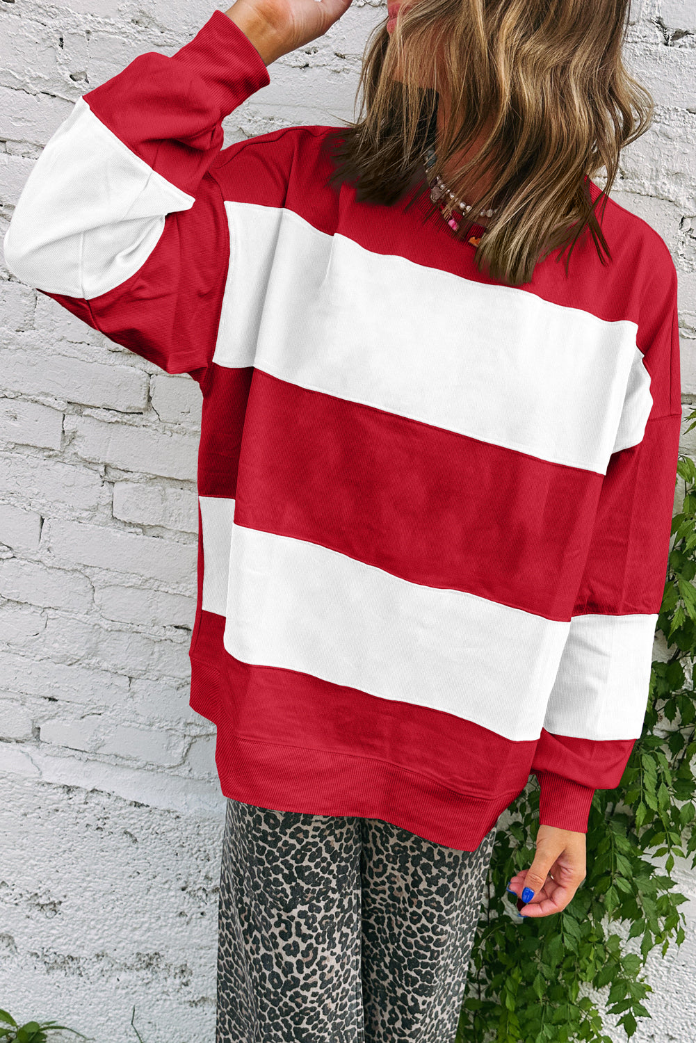 Evergreen Colorblock Drop Shoulder Baggy Sweatshirt Fiery Red 65%Polyester+35%Cotton 9c856ccb00f369ac